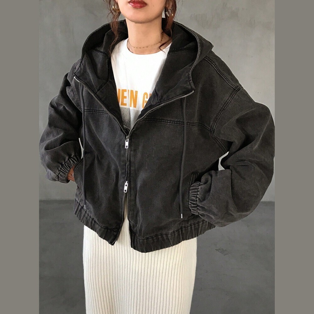 Faded Black Denim Hooded Zip Front Jacket with Drawstring Hood